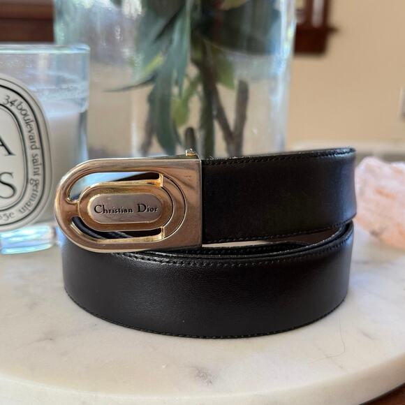 Vintage Christian Dior Reversible Belt Brown/Black Leather Gold Logo Buckle 38 - Picture 1 of 9